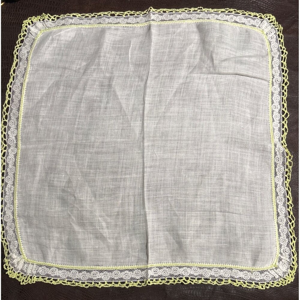 Vintage White Linen Handkerchief Embroidered Lace Trim Lemon Yellow Accent